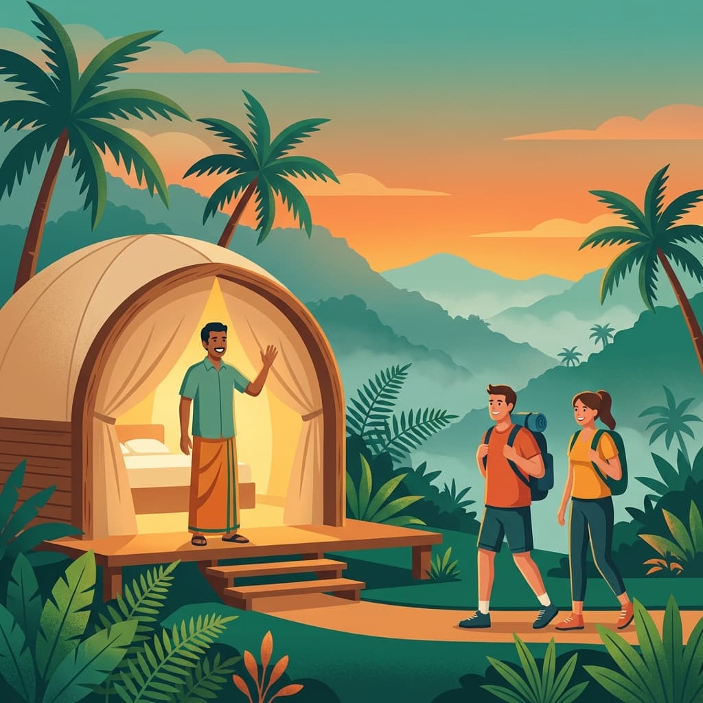 Sri Lankan host welcoming guests to glamping property